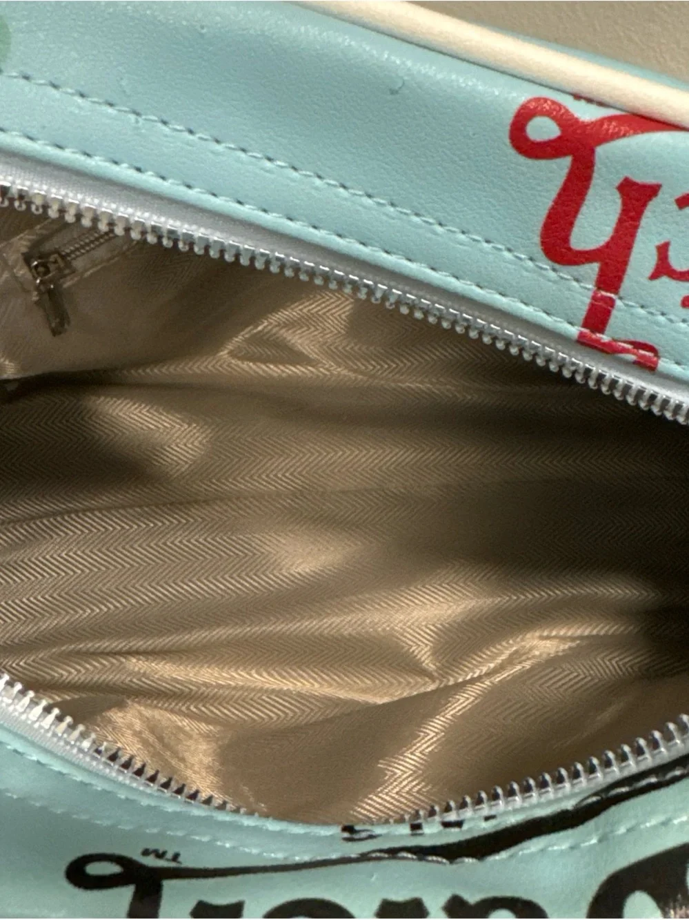 Von Dutch Light Blue Mini Satchel with White Handles and Red Logo